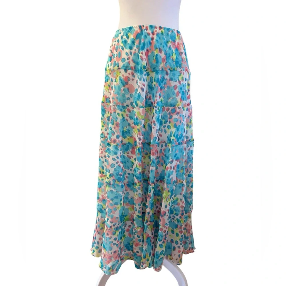 Ruby Rd Pink Blue Watercolor Flowy Ruffle Maxi Skirt Size 20W